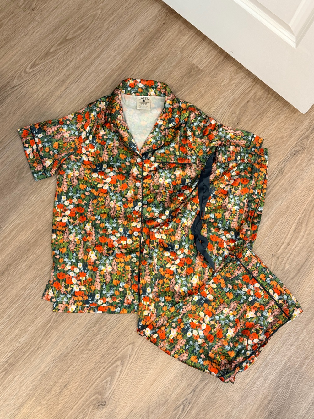 Lates by Kate Floral Satin Pajama Set w/ Navy Trim - Green/Orange Floral